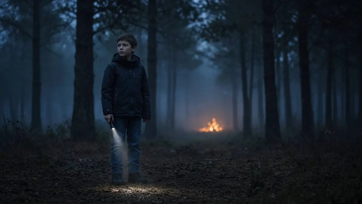 Boy with a flashlight on a path in a dark pine forest