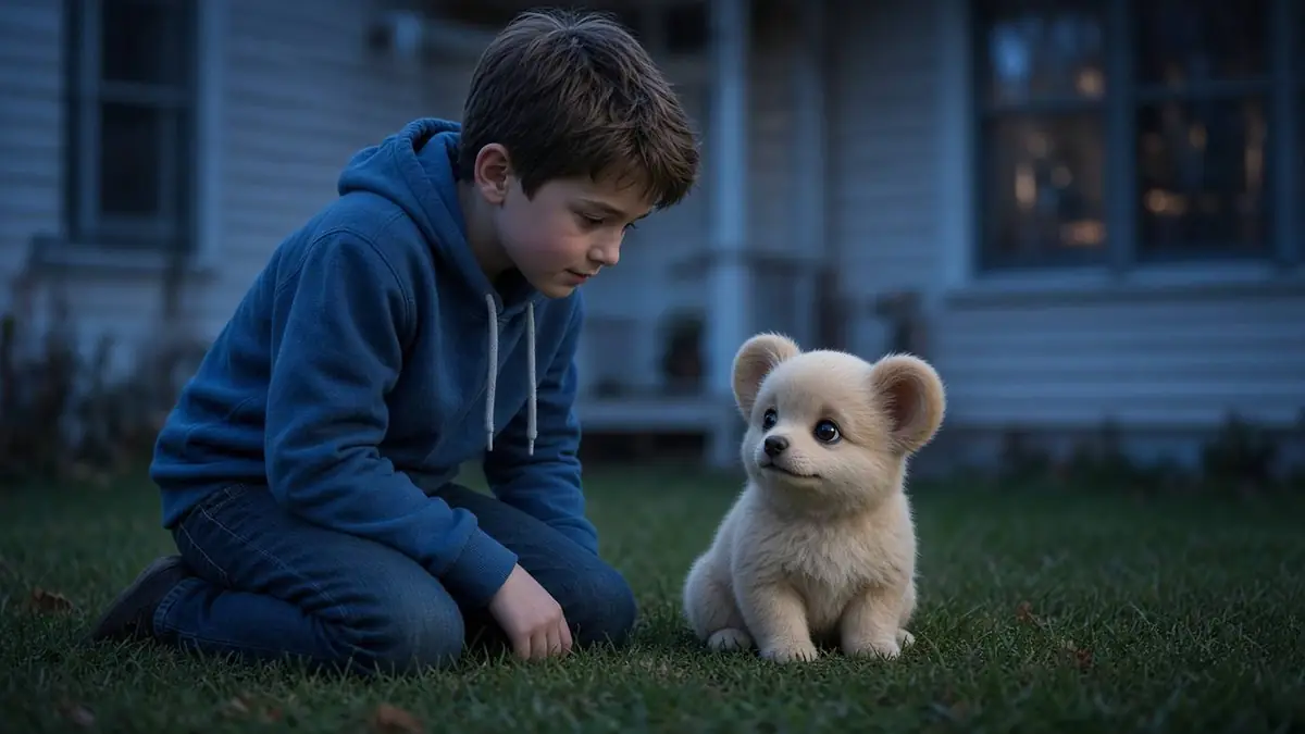 Boy in a blue hoodie kneeling on a lawn next to a small cream pet