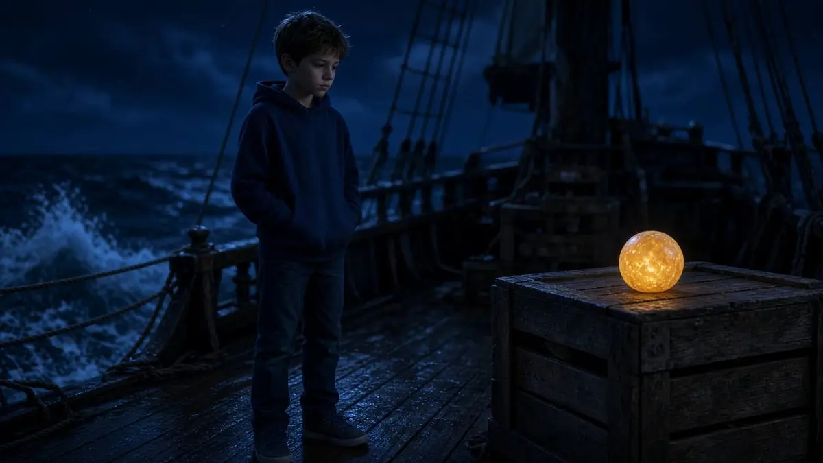 Boy in a navy hoodie on a ship deck at night beside a glowing fruit