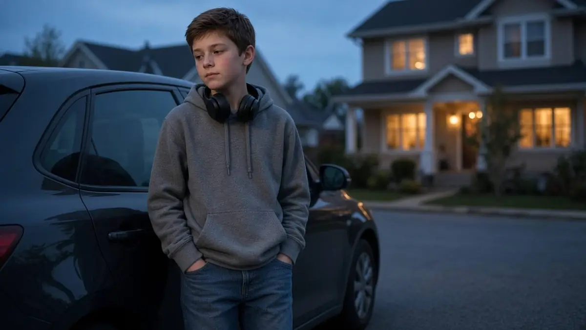 Boy in a grey hoodie with headphones, standing by a car outside a house