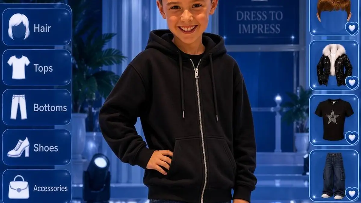Boy in a black hoodie and jeans on a blue Dress to Impress runway