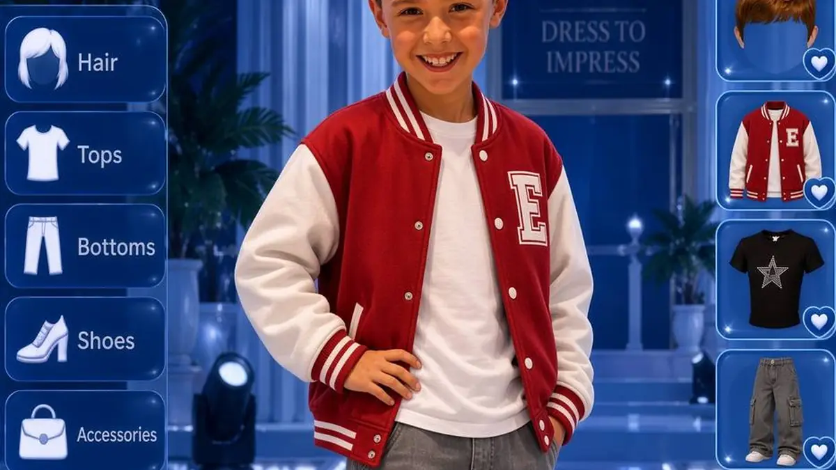 Boy in a varsity jacket and cargo pants on a blue Dress to Impress runway