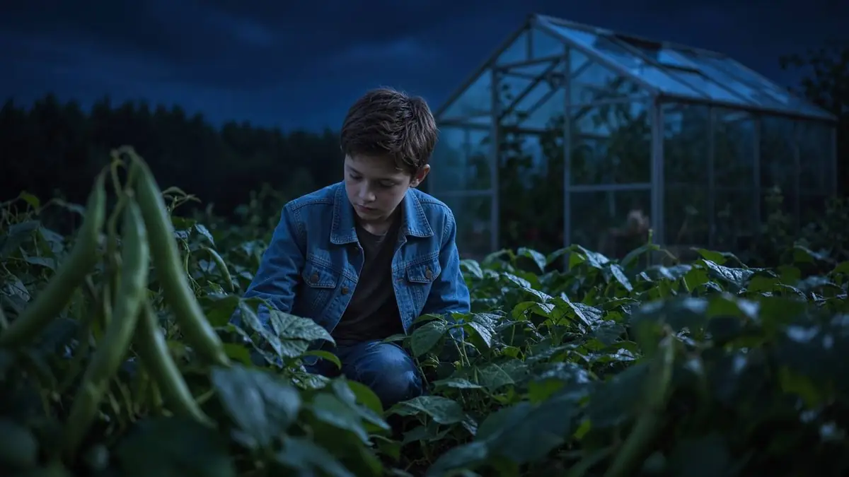 Boy in a denim jacket kneeling in a bean garden at night