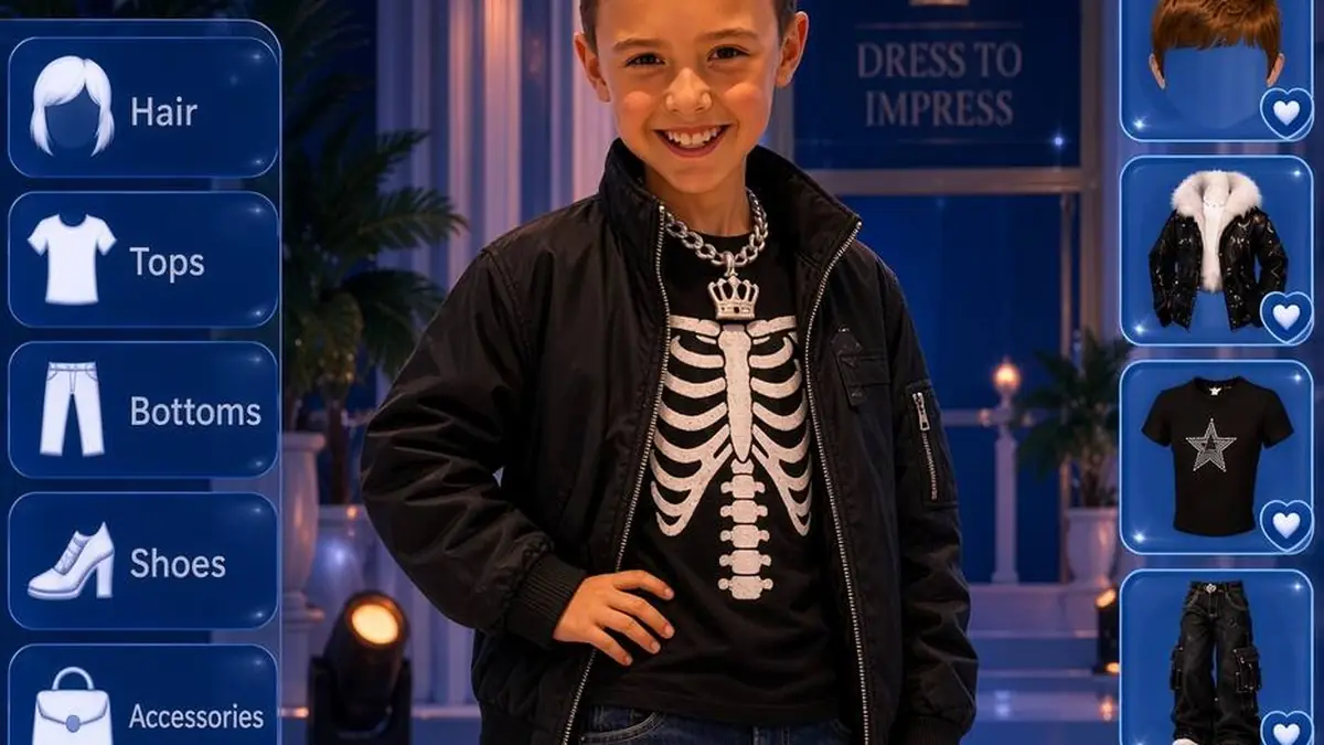 Boy in a skeleton shirt and black jacket on a Halloween Dress to Impress runway