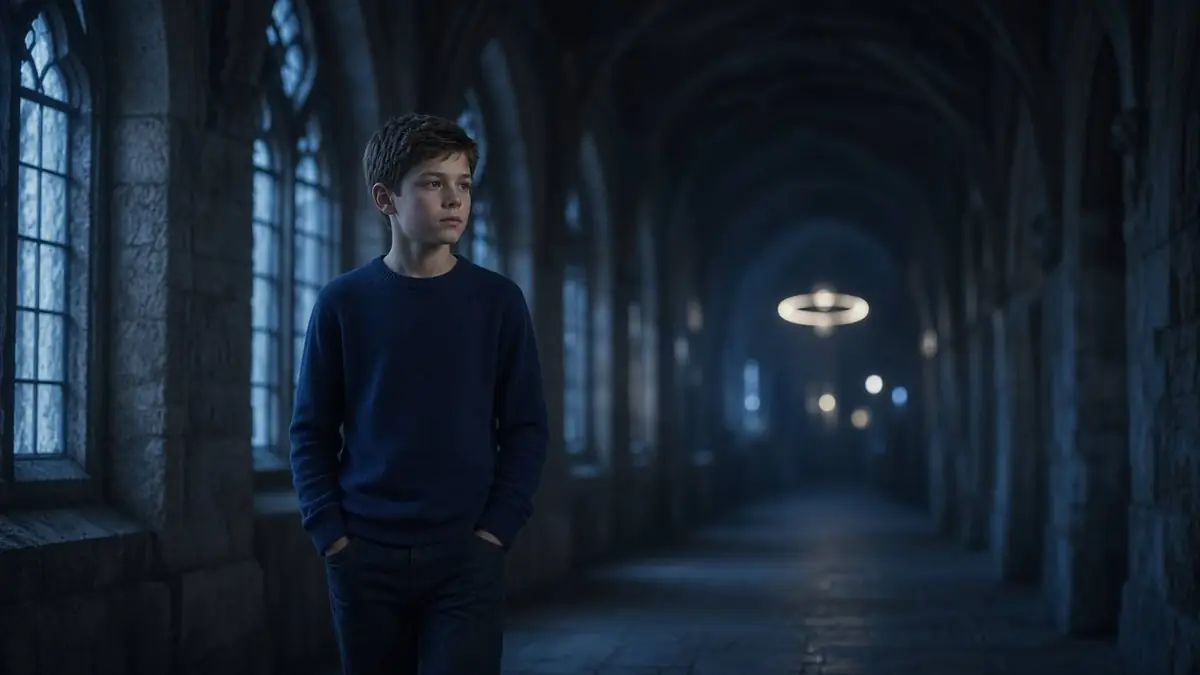 Boy in a navy sweater standing in a blue stone school hallway